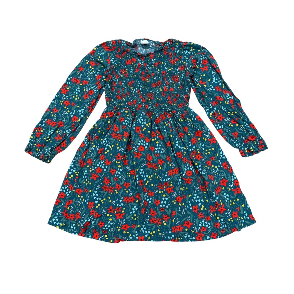 Hanna Andersson Girls Teal Floral Smocked Long Sleeve Dress Size 12 150cm Casual